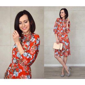H&M Long Sleeve High Neckline Floral Red/Orange Midi Dress